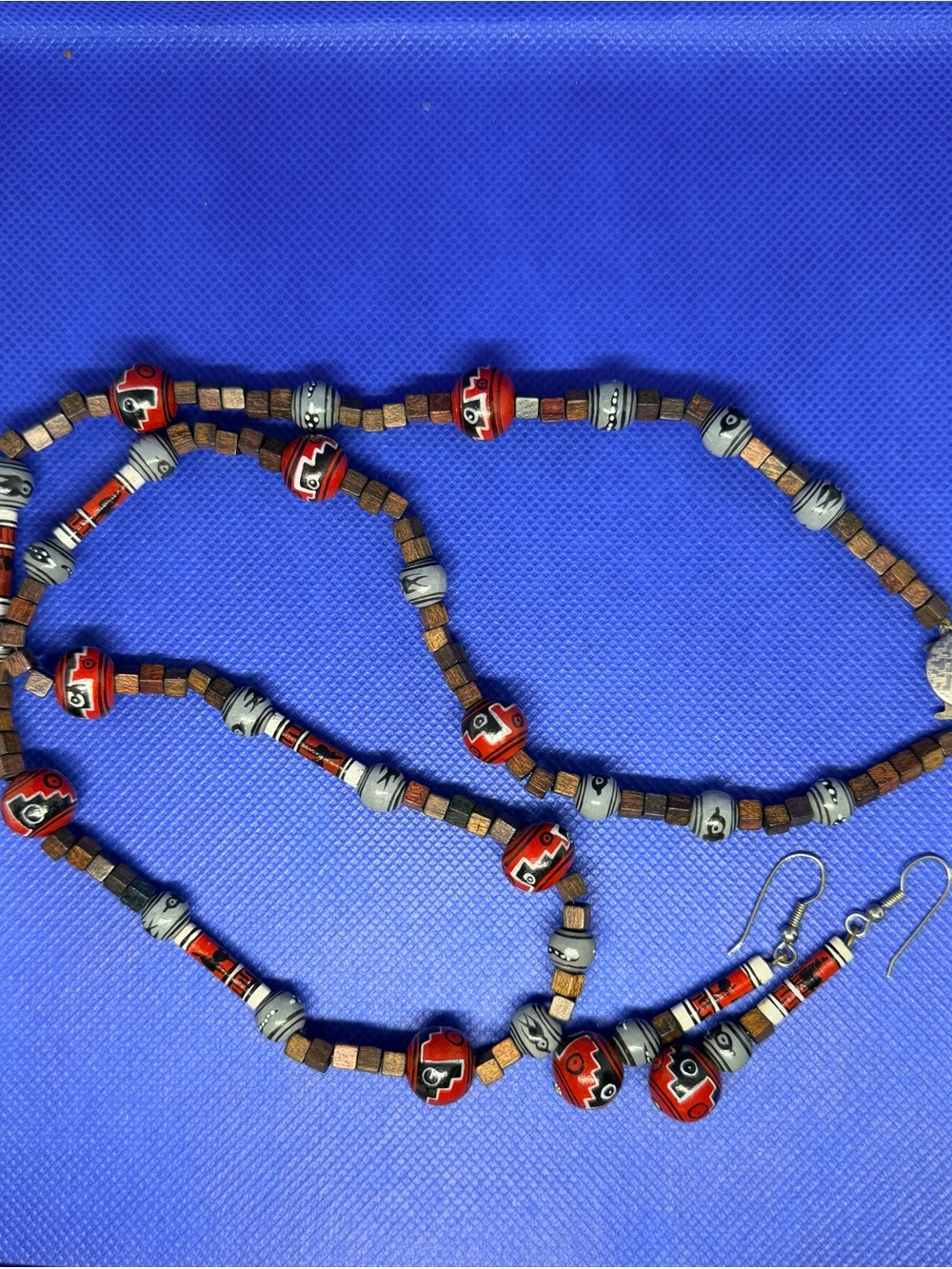Red, Gray & Brown wood Beaded Necklace and Earring Set
